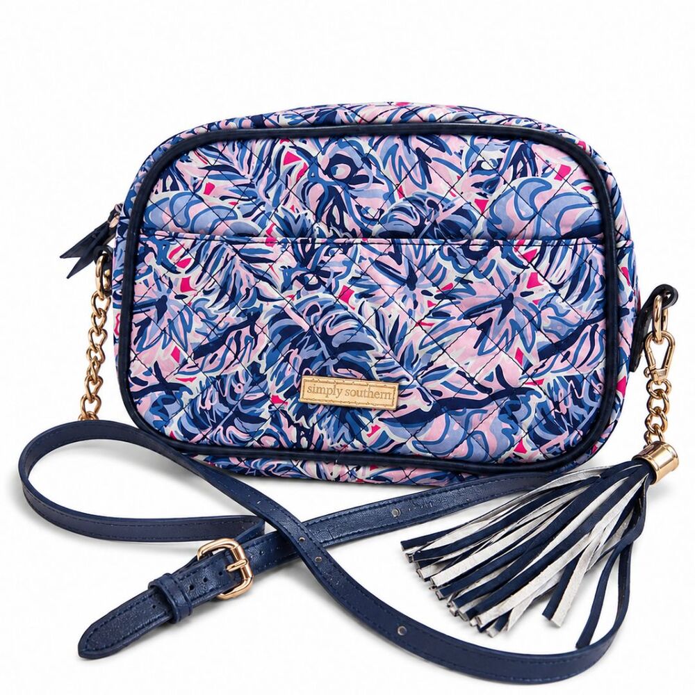 Simply Southern Quilted Crossbody Bag Navy Blue Pink Floral Tassel Chain Purse